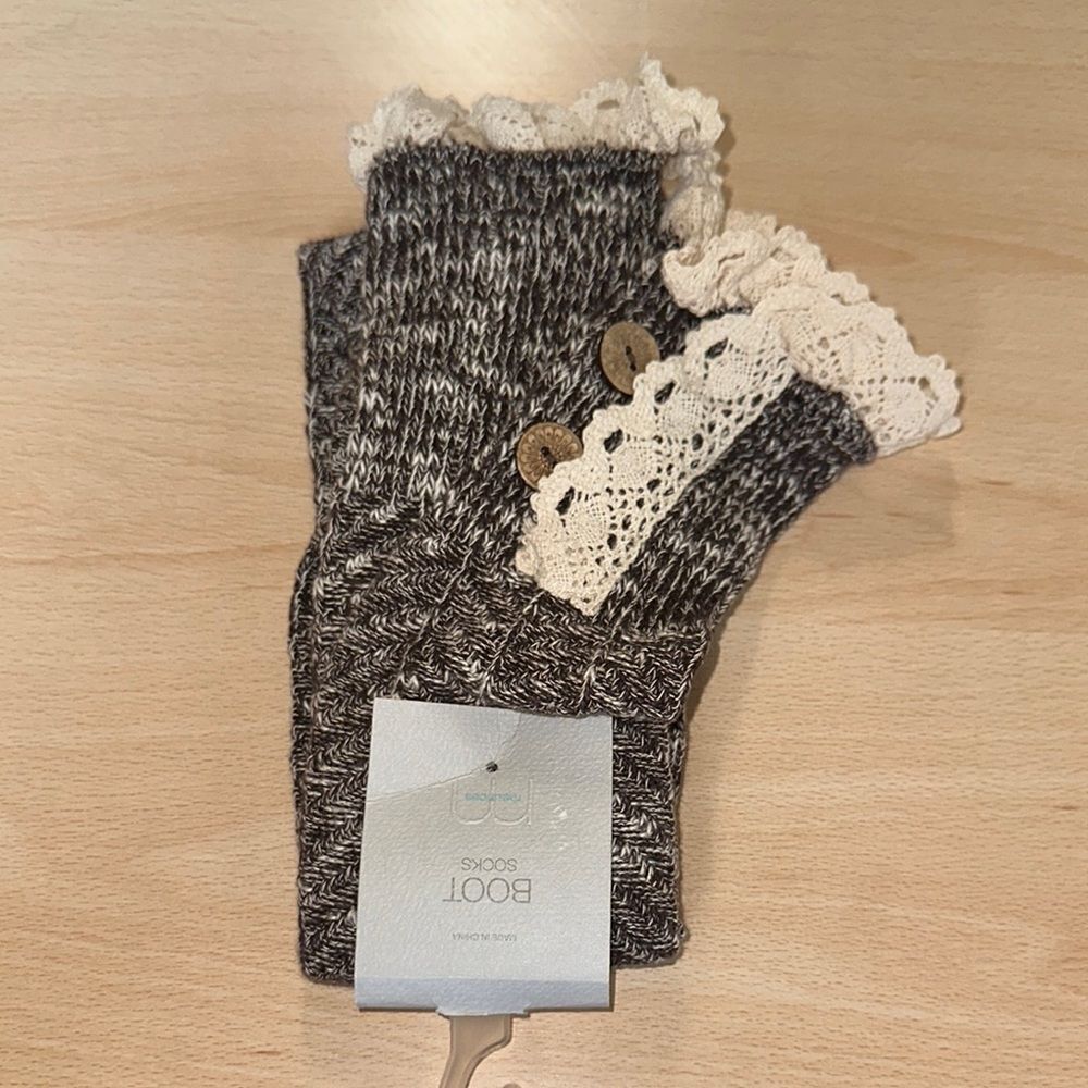 maurices Brown Ivory Crochet Lace Button Trim Cotton Knee High Knit Boot Socks